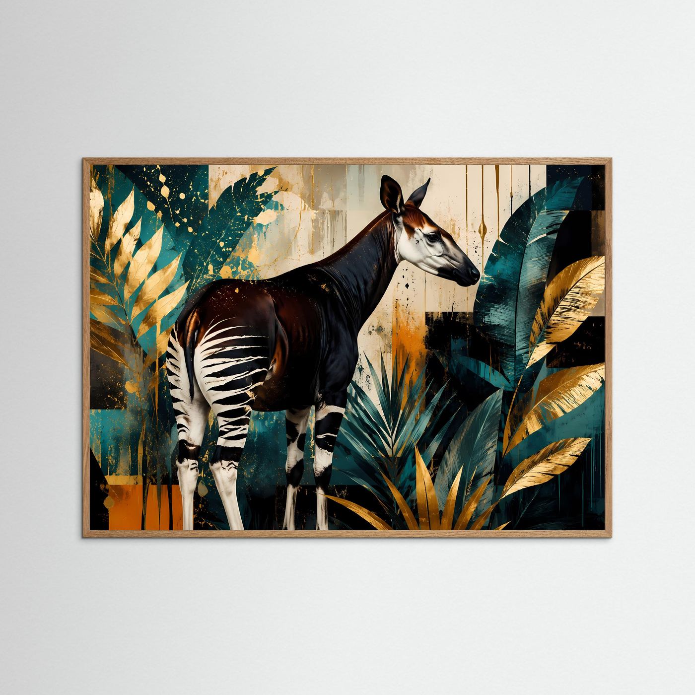 Anmutige Okapi im Dschungel-Farbspiel | Modernes Wildlife- & Dschungel-Poster Querformat