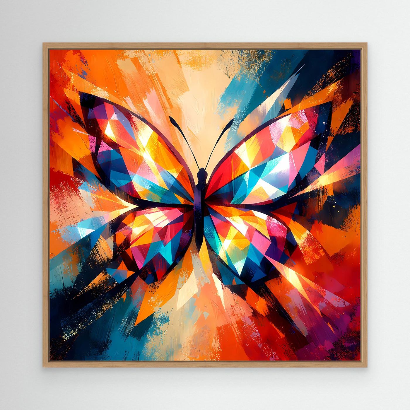 Leinwand-Wandbild: farbenfroher Schmetterling mit geometrischem Muster, Eichenrahmen