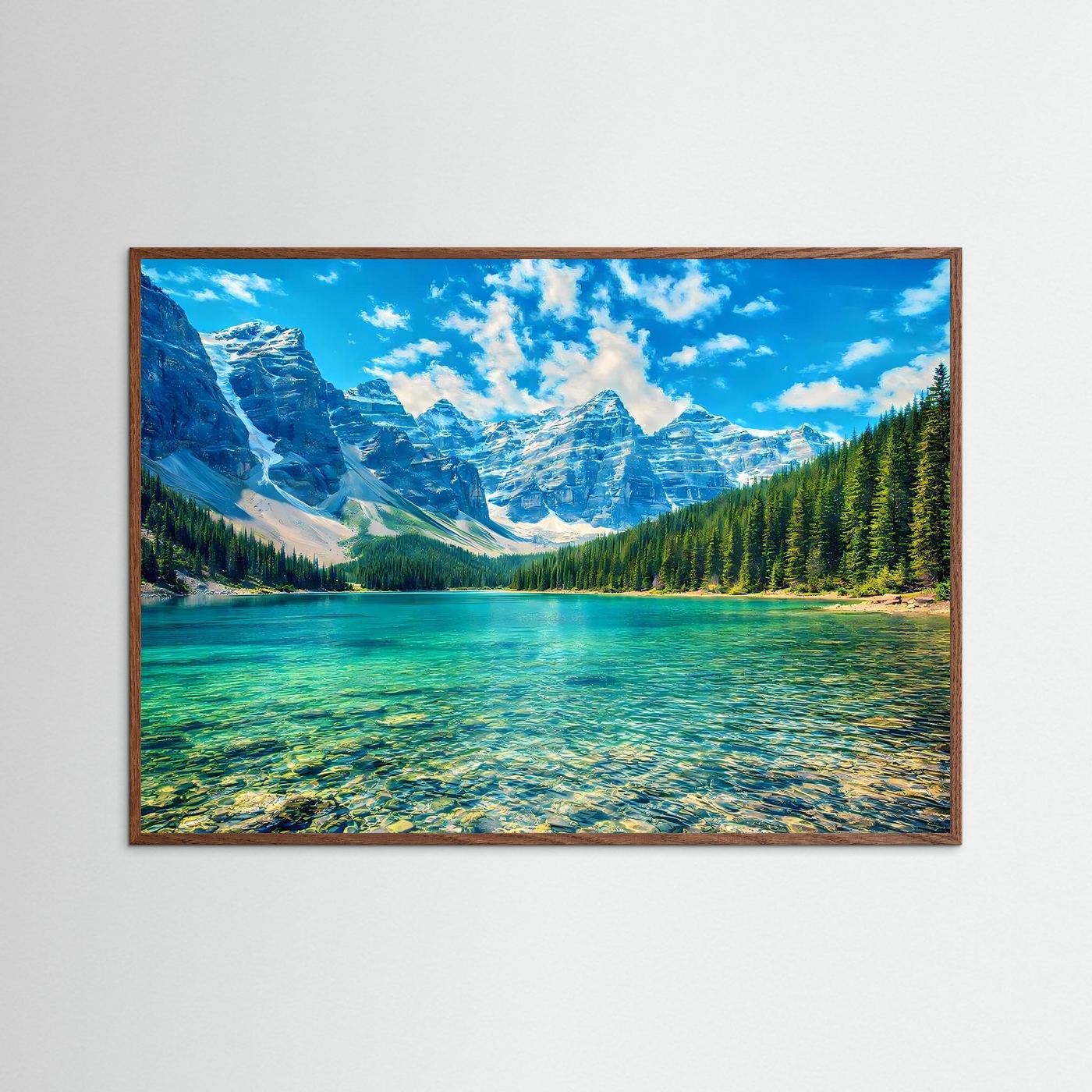 Wandposter mit türkisblauem Bergsee-Motiv, brauner Holzrahmen, Querformat.