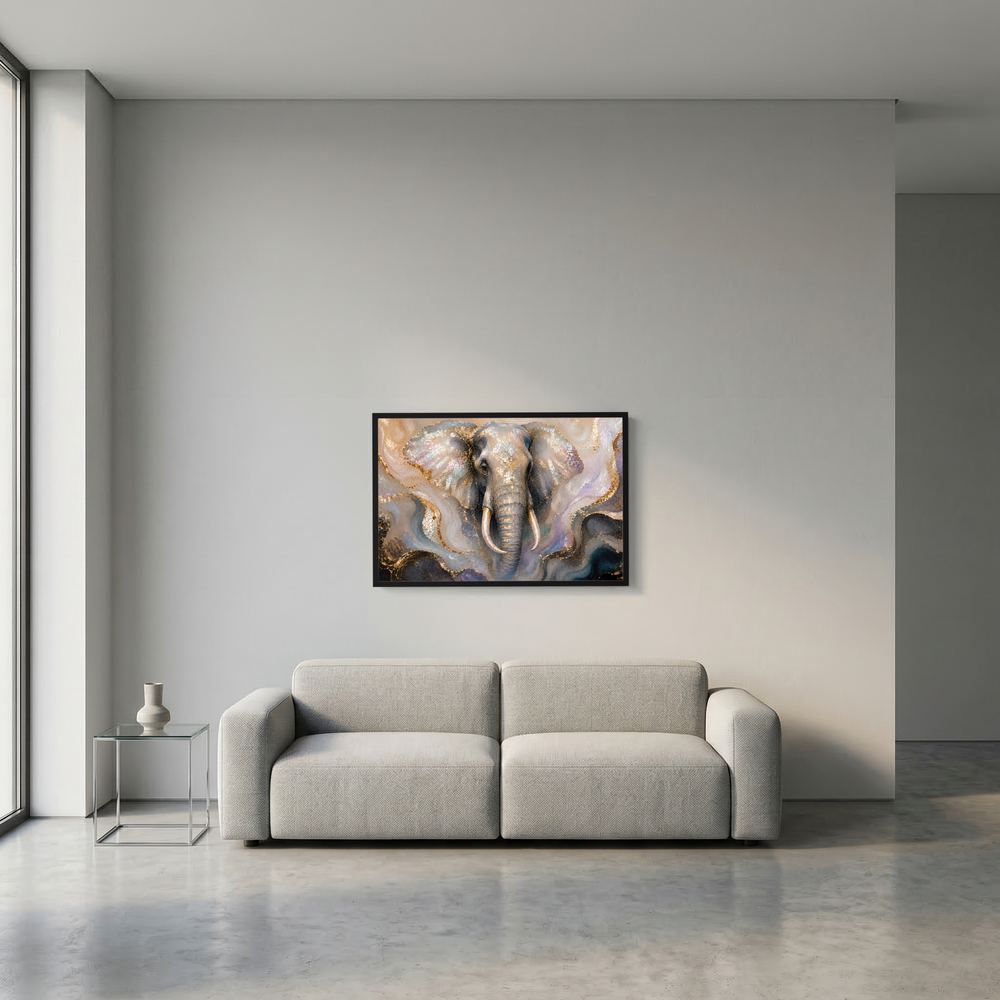 Wandposter im Querformat mit Elefant-Motiv im Perlmutt-Look, im schwarzen Rahmen