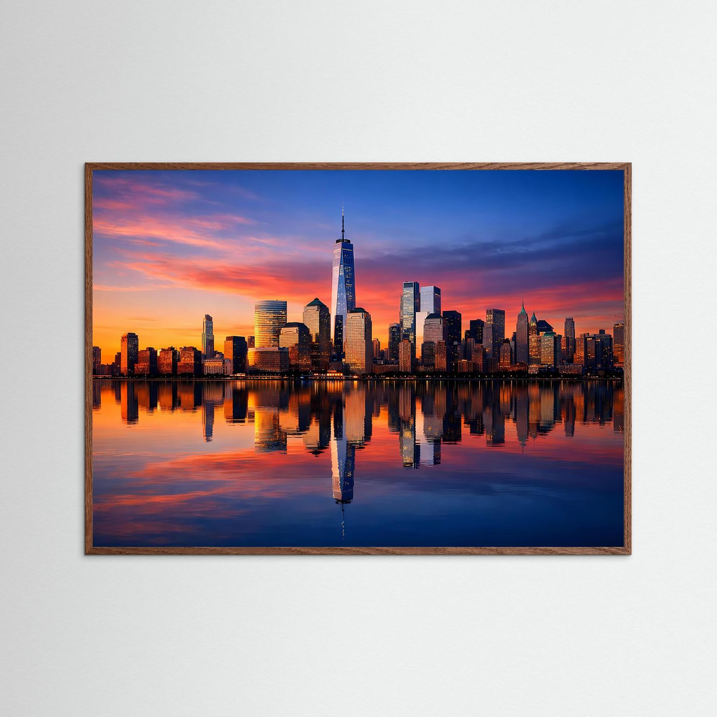 Querformat-Poster Skyline bei Sonnenuntergang mit Spiegelung, im braunen Holzrahmen