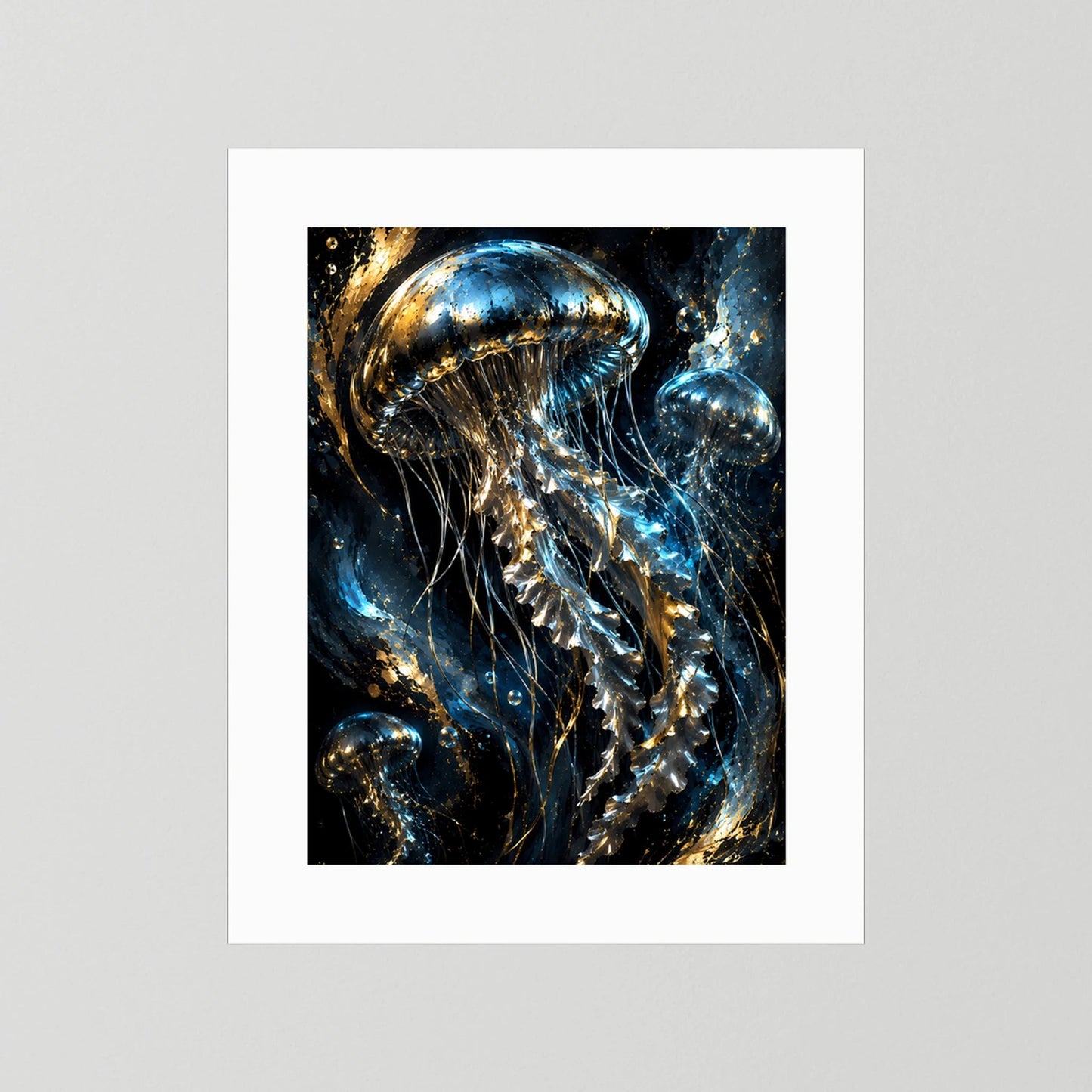 Poster im Hochformat mit goldenen und blauen Quallen, helles Passepartout sichtbar