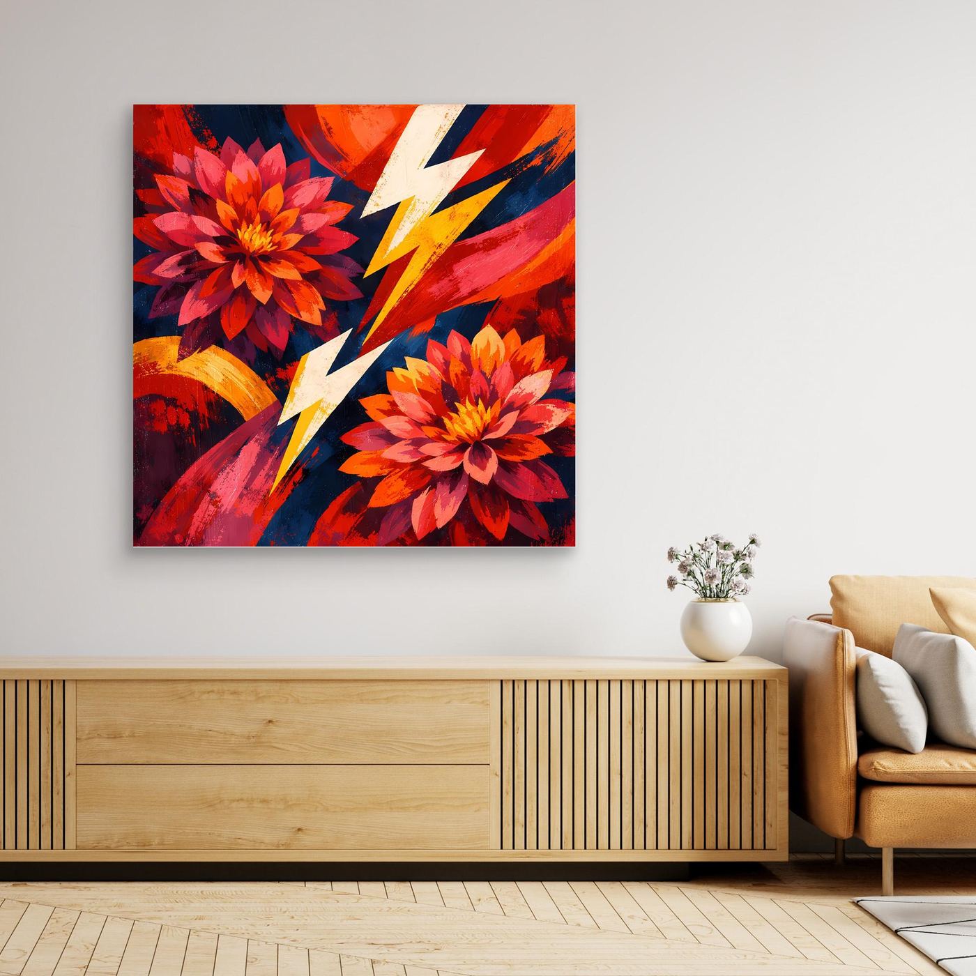 Gerahmtes Leinwandbild mit roten und orangefarbenen Blüten, gelben Blitzlinien und Holzrahmen