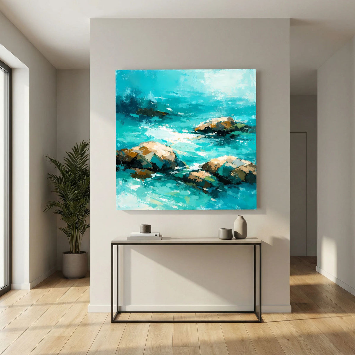 Leinwand-Wandbild mit türkisfarbenem Meer und Felsen, helle Akzente
