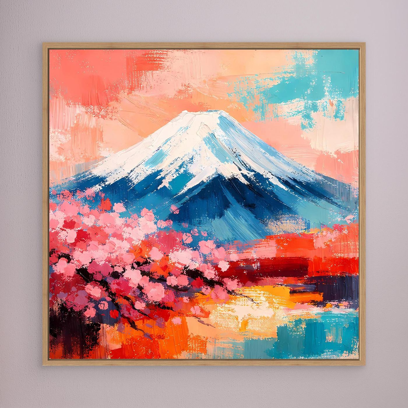 Abstraktes Leinwandbild mit Fuji und Kirschblüten, Holzrahmen