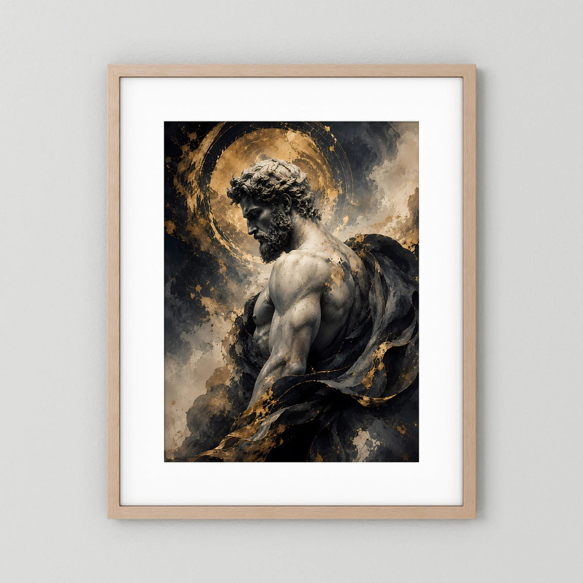 Hochformatiges Kunstposter: Statue in Schwarz mit goldenem Heiligenschein, umlaufender Lichtkreis.