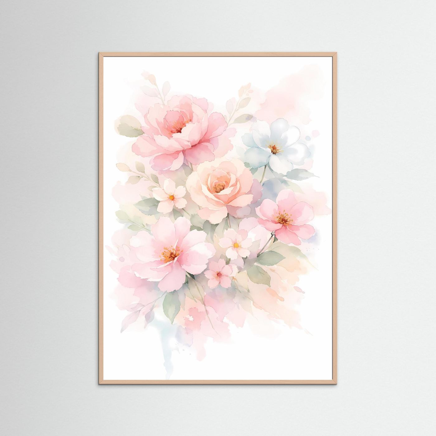 Poster mit Aquarell-Blumenbouquet in Pastellfarben, beiger Holzrahmen