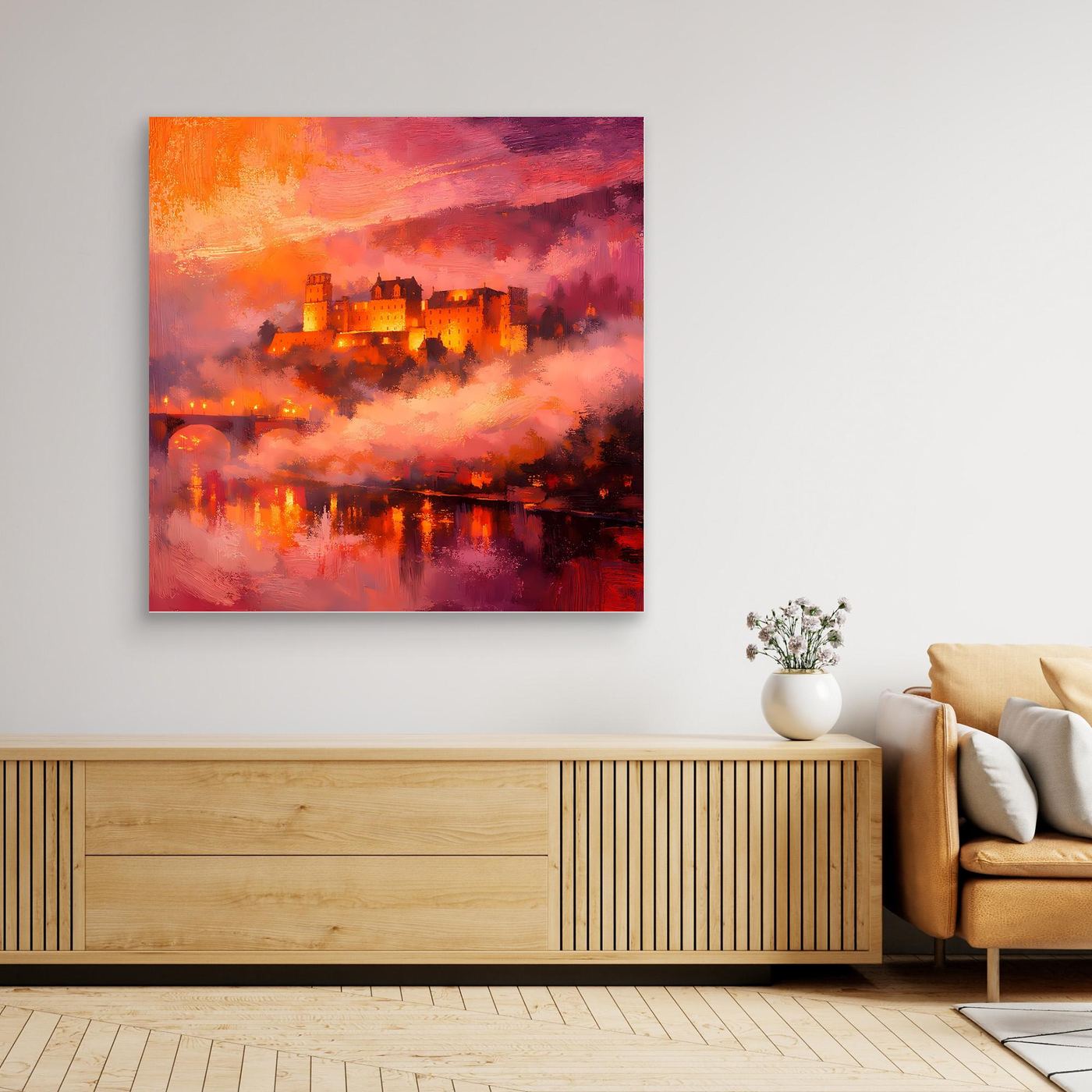 Premium Leinwand Imposantes Schloss im Abendrot | Abstraktes Castle Wandbild in feurigen Farben
