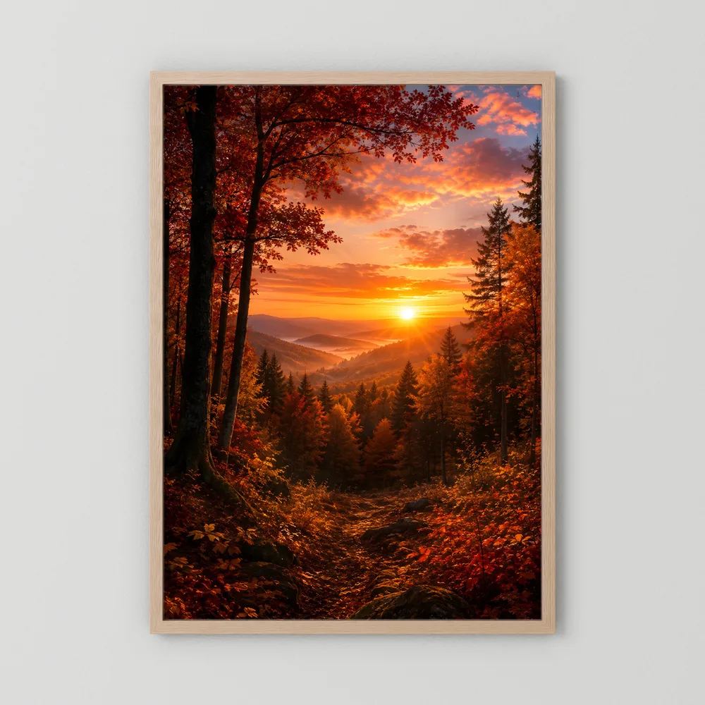 Kunstposter im beigen Holzrahmen: Herbstwaldlandschaft mit orangefarbenem Sonnenuntergang