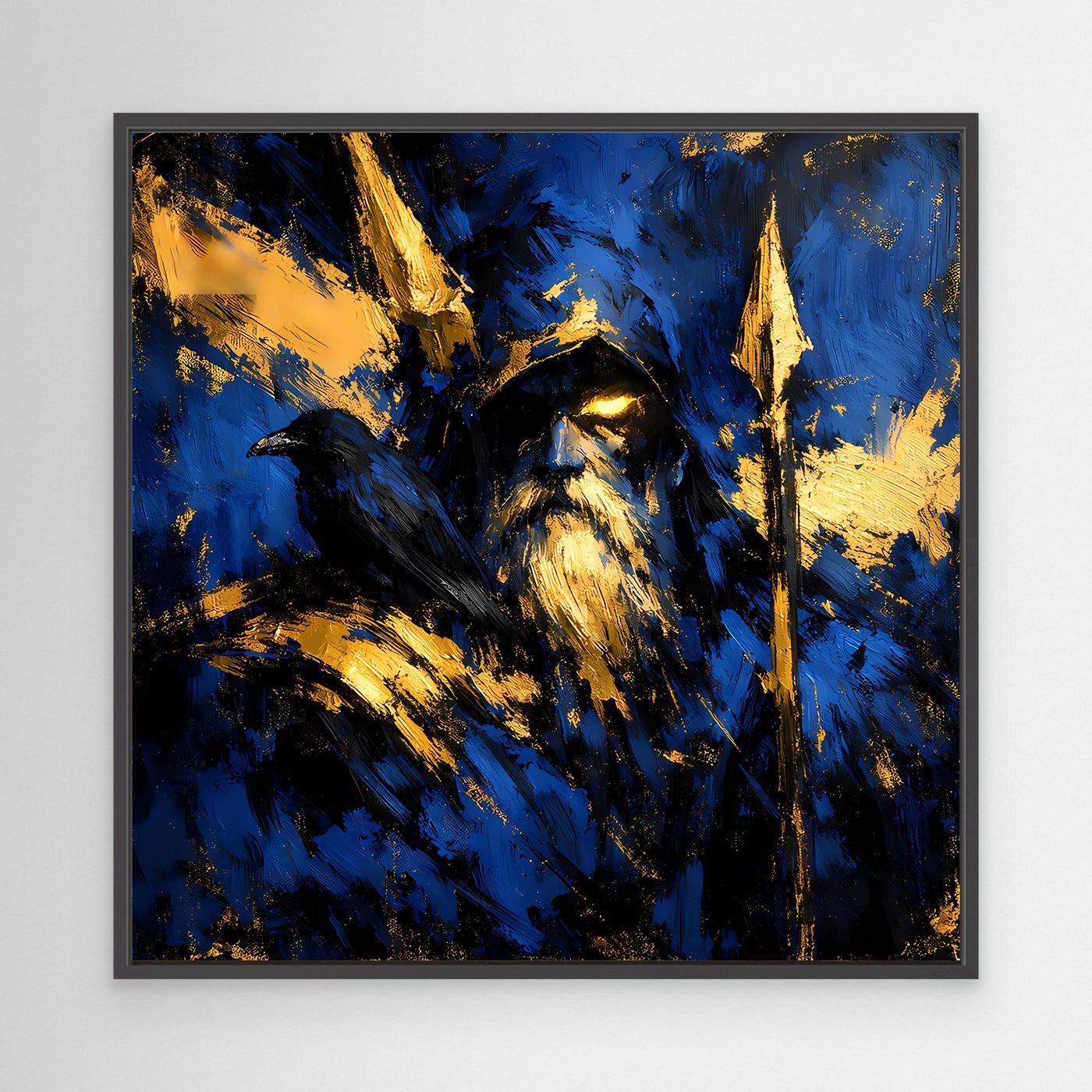 Leinwand Odin der Allvater in Blau und Gold | Modernes Nordische Mythologie Wandbild mit Rabe