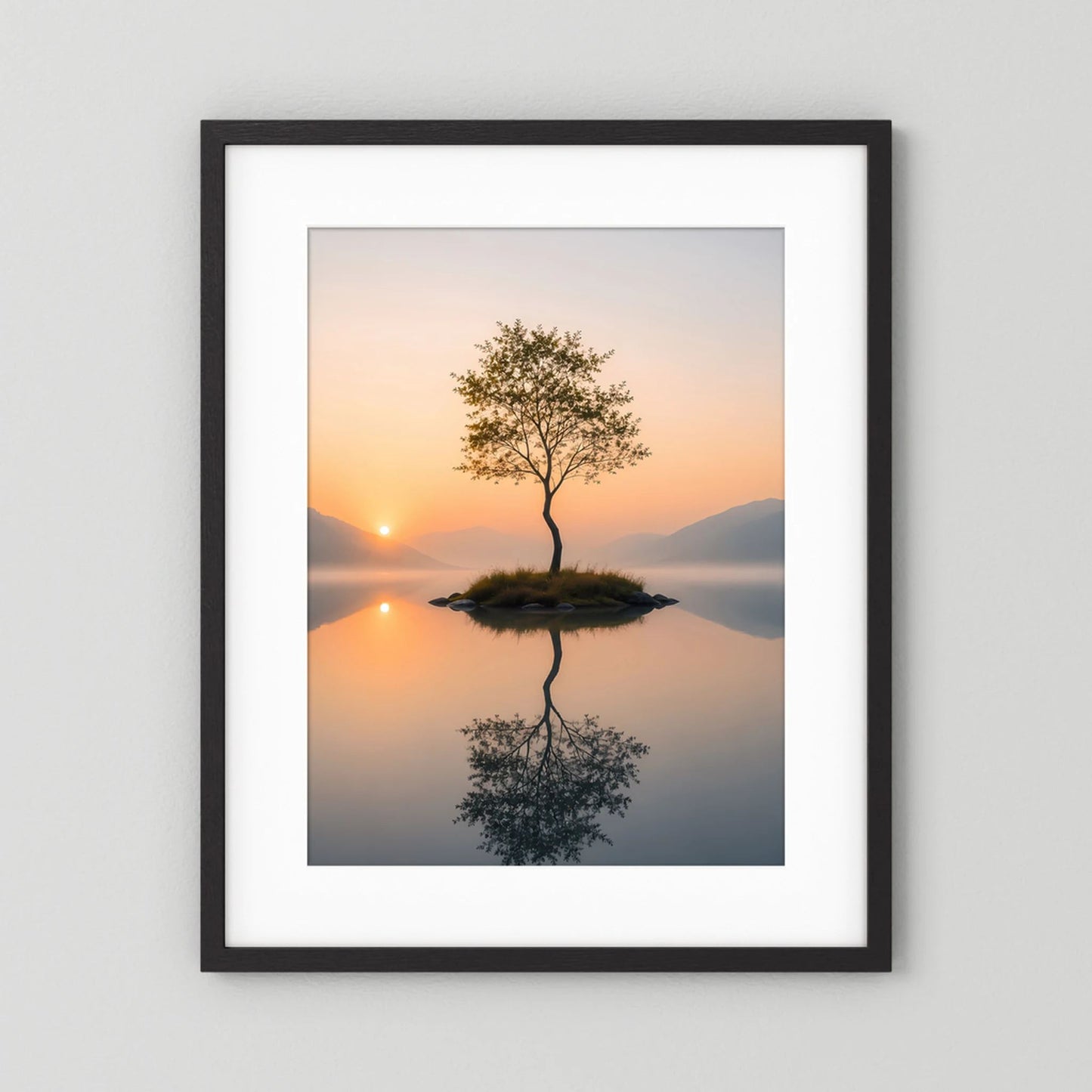 Poster im Hochformat mit dunklem Rahmen und weißem Rand: Baum auf Insel, Spiegelung