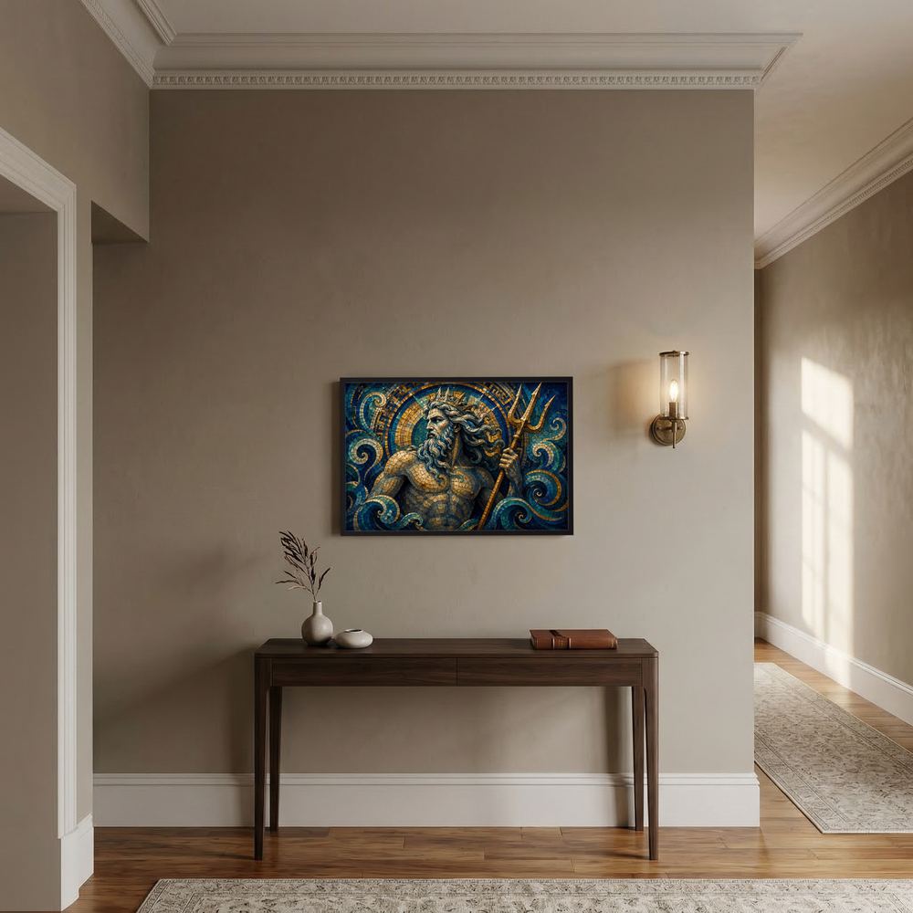 Querformat-Poster: Poseidon-Mosaik in Blau und Gold, Meeresgott mit Dreizack