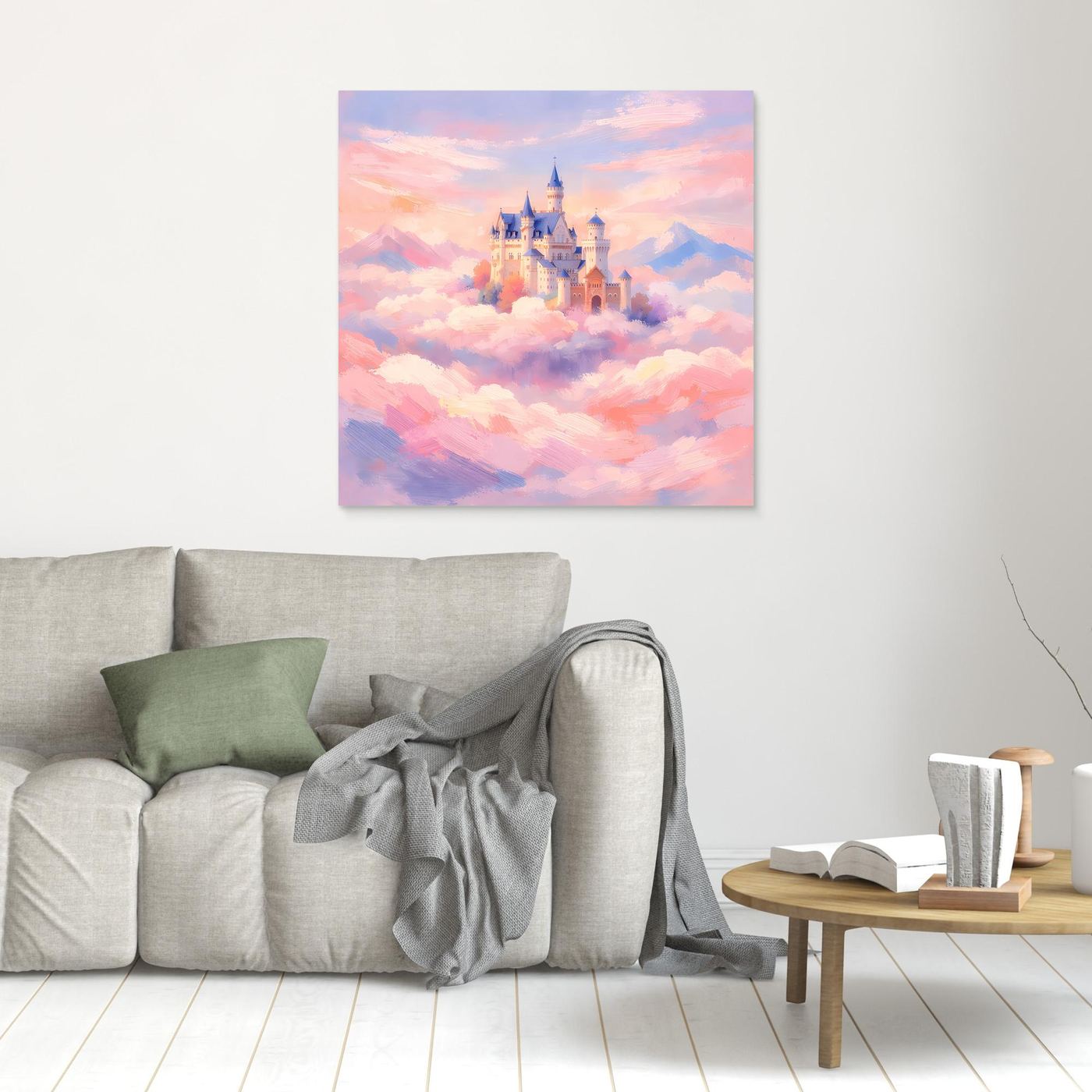 Leinwand Schloss Neuschwanstein über Wolken | Märchenhafte Pastelltöne Wandbild