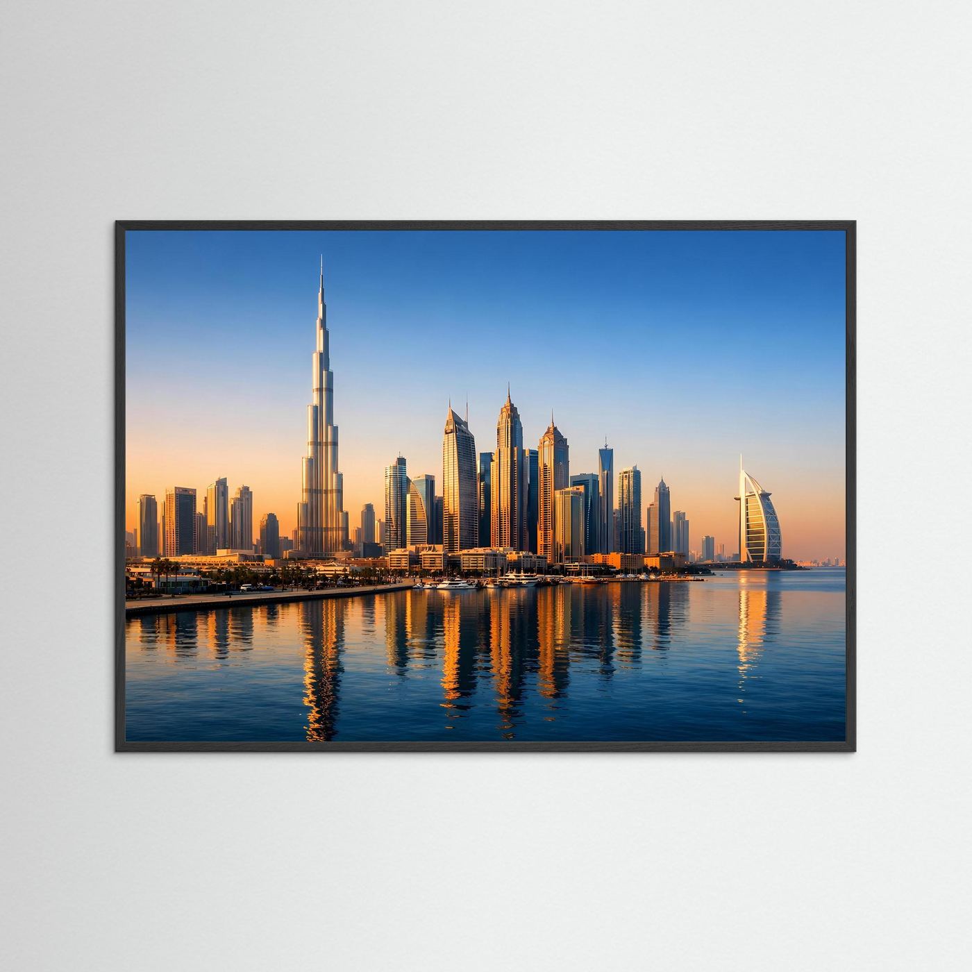Panorama-Poster Dubai Skyline im Sonnenuntergang mit schwarzem Rahmen