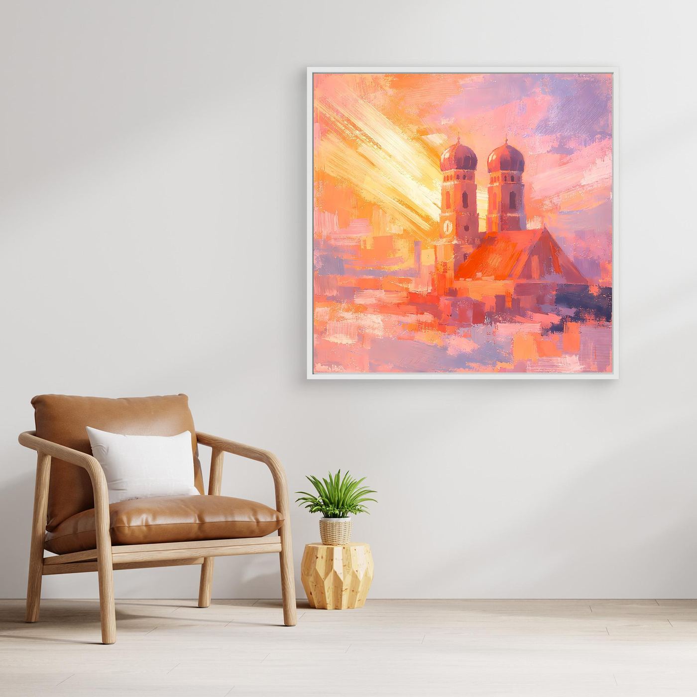 Premium Leinwand Frauenkirche München im Sonnenaufgang | Abstraktes Skyline Wandbild Bayern