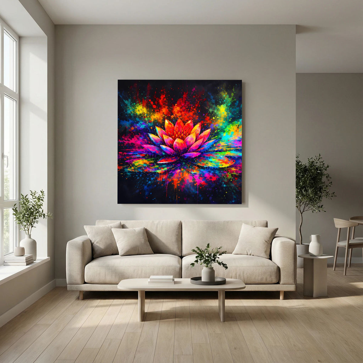 Abstraktes Lotus-Leinwandbild auf Keilrahmen mit buntem Farbverlauf, quadratisch.