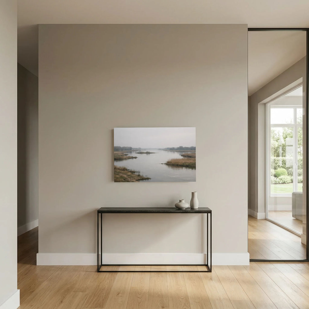 Wandbild im Querformat mit Flusslandschaft im Morgennebel an der Nische