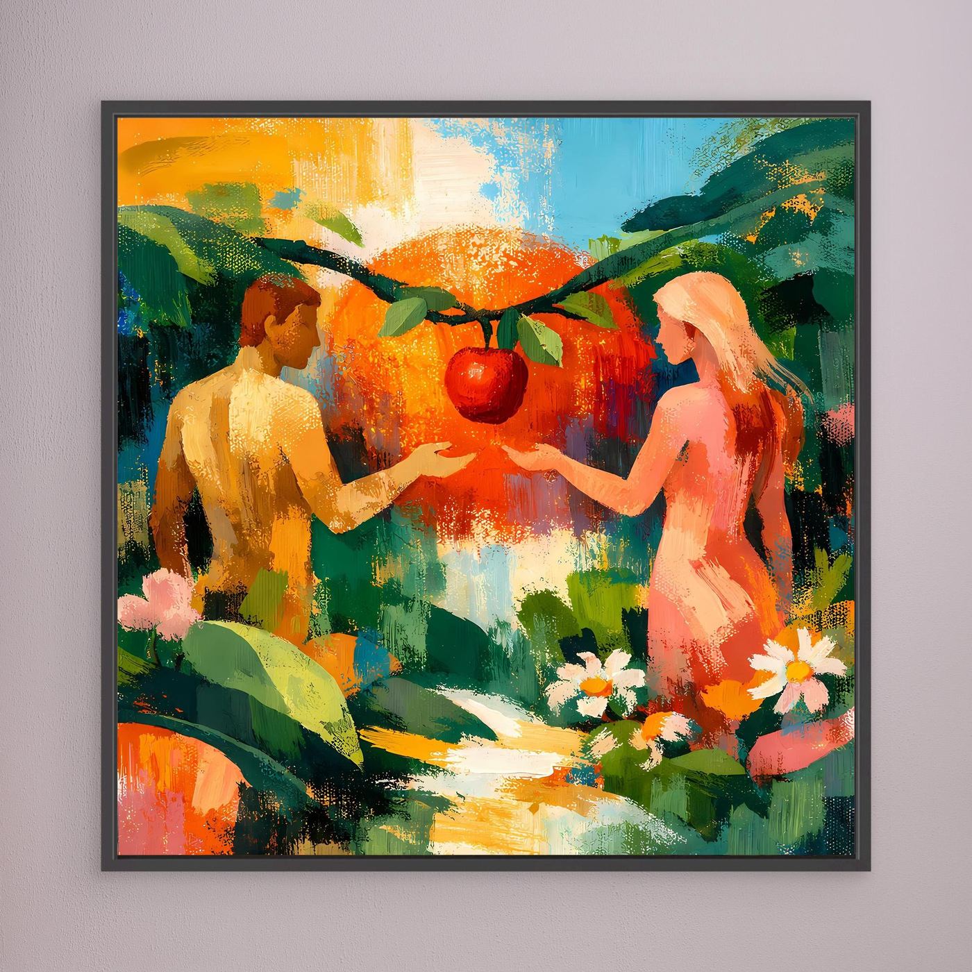 Abstract Eden wall art with two nude figures and red fruit, greenery and flowers, dark frame