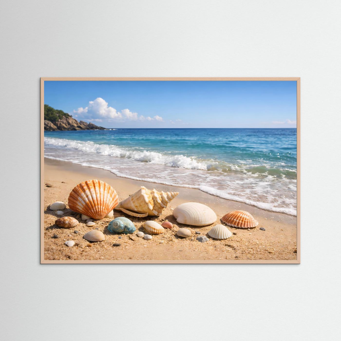 Poster im Querformat: Muscheln am Sandstrand, Strandmotiv mit Rahmen
