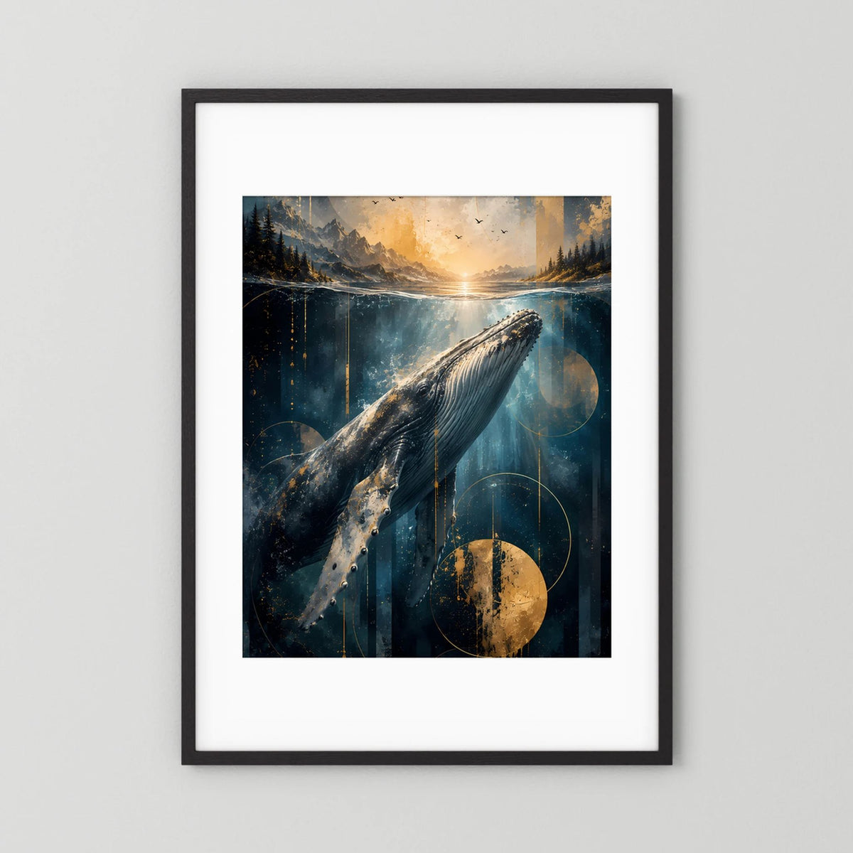 Poster im Hochformat mit Wal unter Wasser, Ozeanlandschaft in Blau und Gold, schwarzer Rahmen