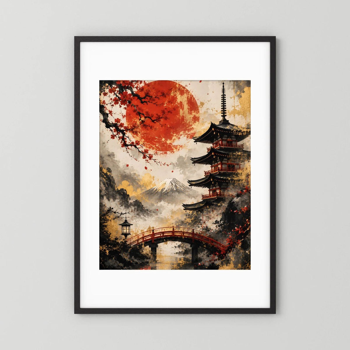 Wandbild mit Pagode, roter Sonne und Kirschblüten an Flussbrücke im schwarzen Rahmen