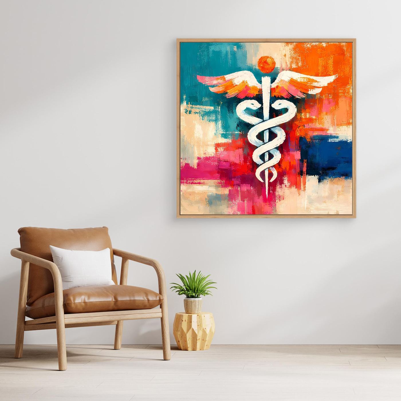Wood-framed abstract medical symbol wall canvas with white winged staff over colorful paint strokes