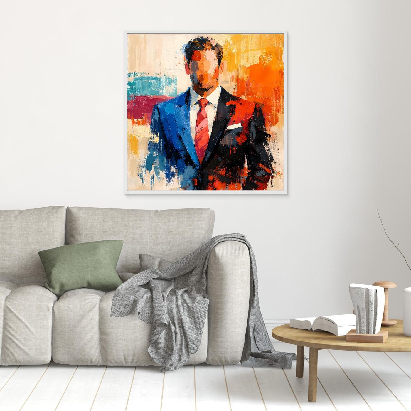 Business wall art print showing an elegant man in a blue suit with orange and teal abstract colors.