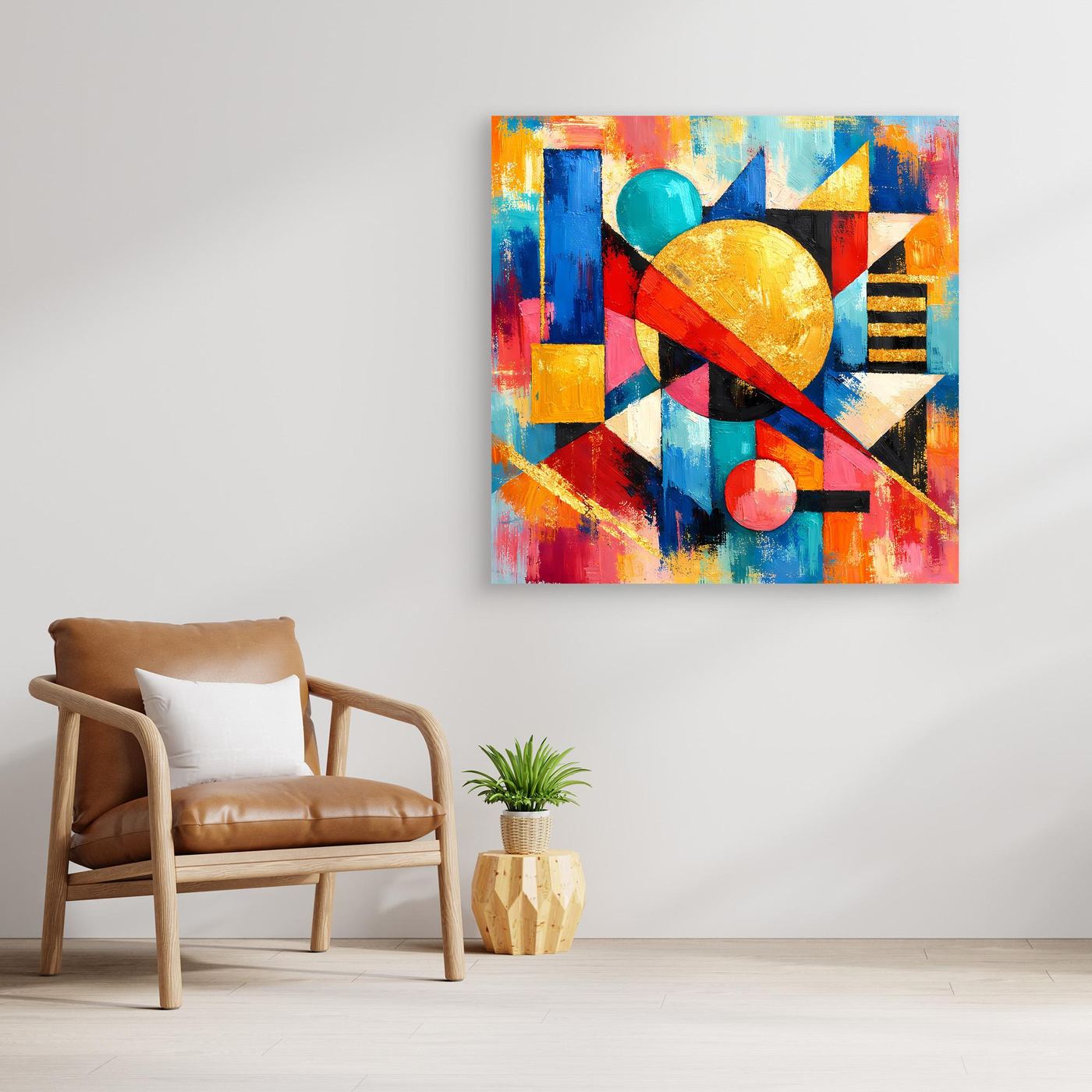 Leinwandbild ohne Rahmen, abstrakte geometrische Formen in Blau, Rot, Gelb