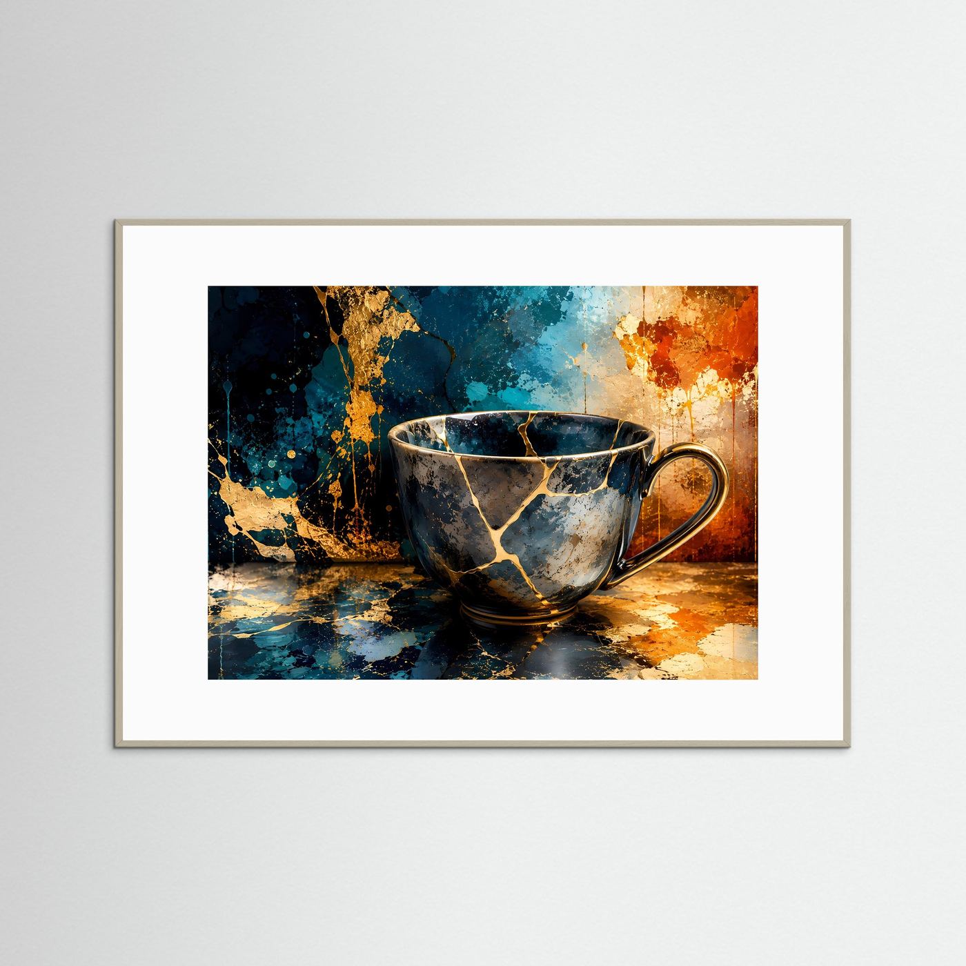 Kintsugi Tasse Poster Querformat | Moderne Japanische Wandkunst in Blau & Gold | Elegantes Stillleben Wandbild