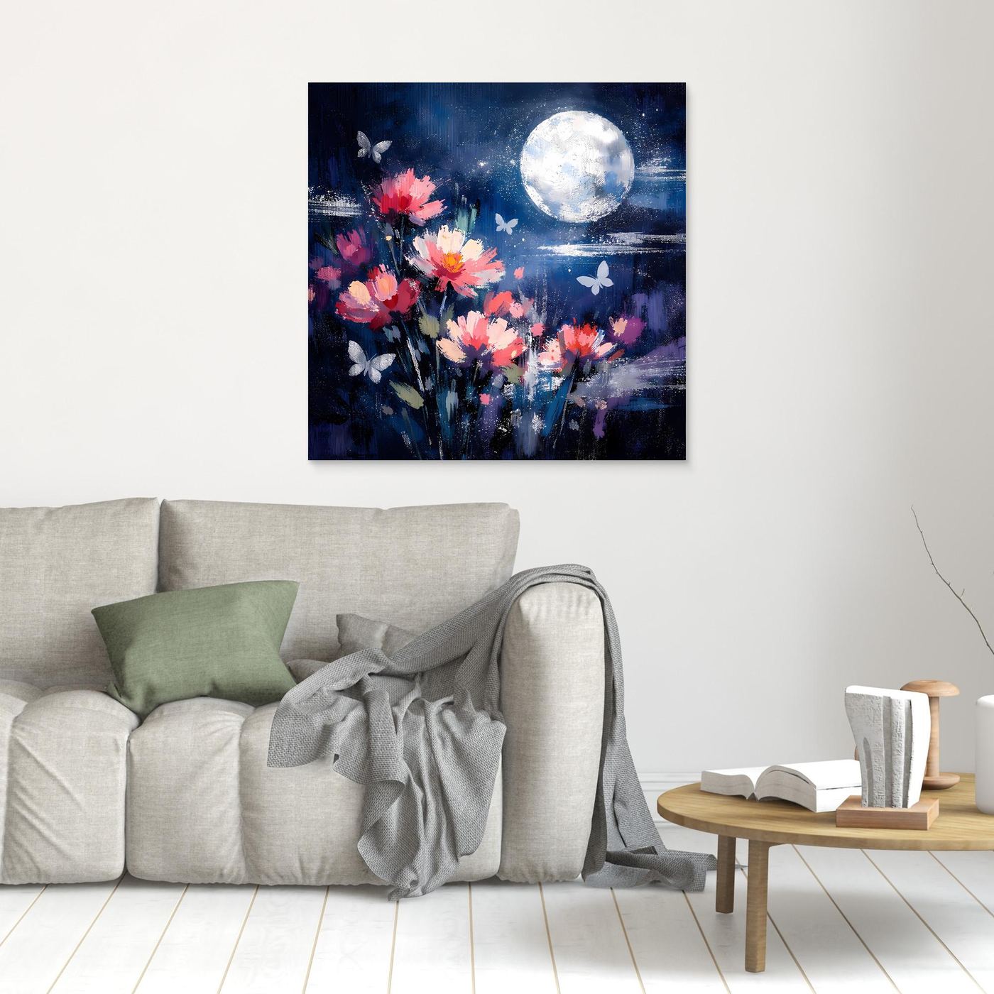 Kleines Leinwand-Wandbild mit abstrakten pinken Blumen, Schmetterlingen und hellem Mond, ohne Rahmen