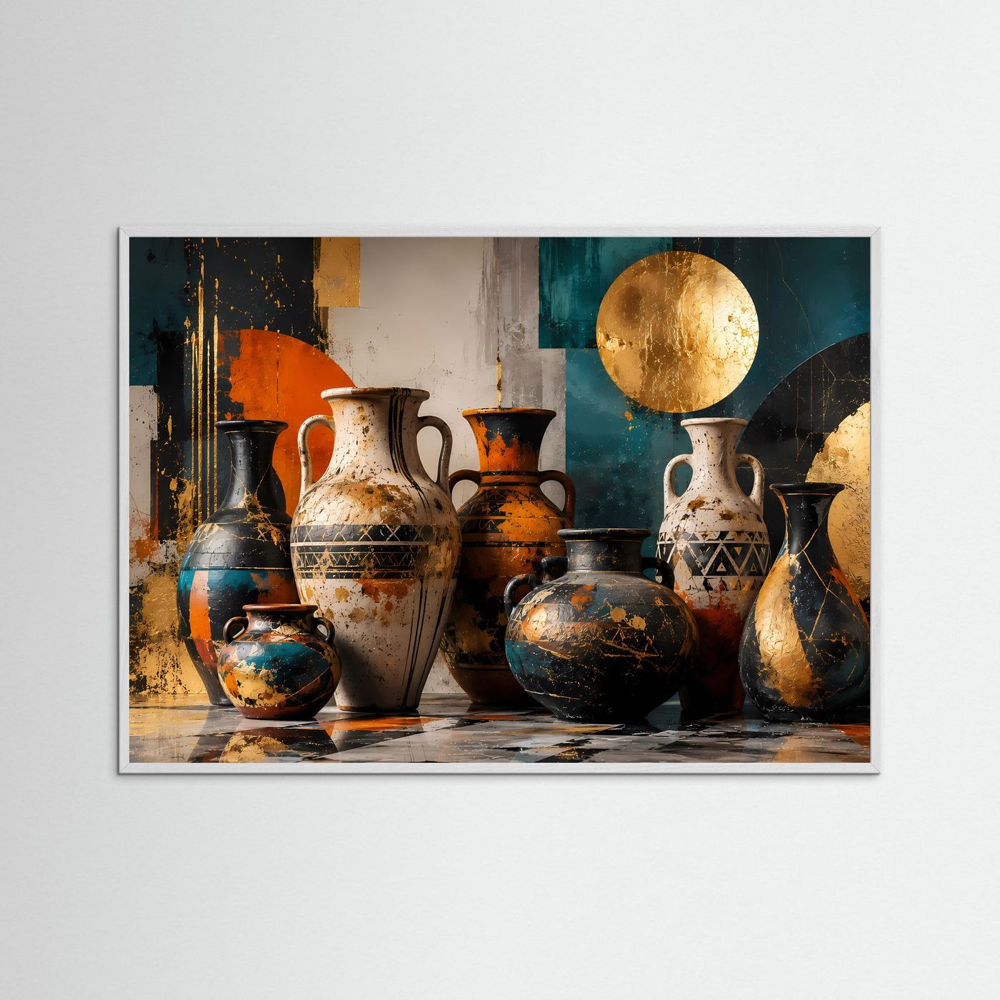 Antike Amphoren in Gold, Petrol & Terrakotta | Abstrakte mediterrane Vasen Kunst