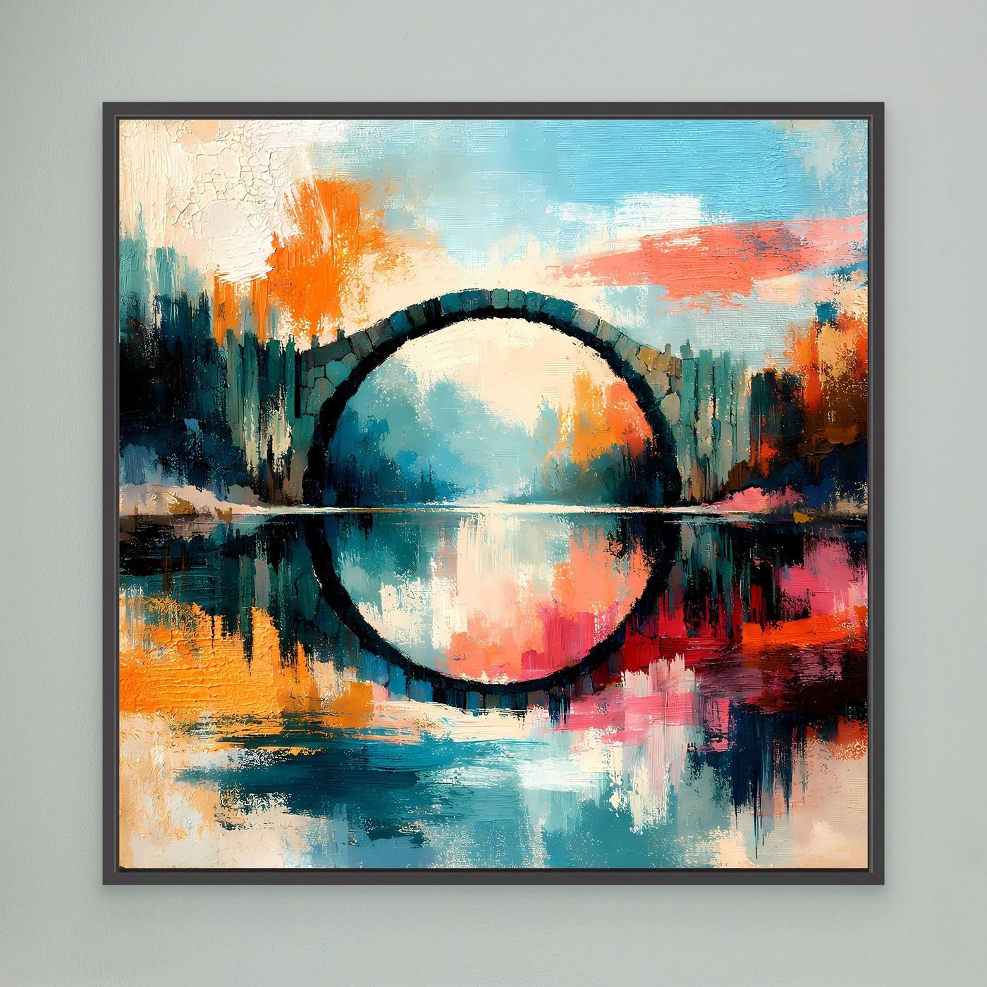 Premium Leinwand Mystische Kreisbrücke im Wasser | Abstraktes Natur Wandbild farbenfroh