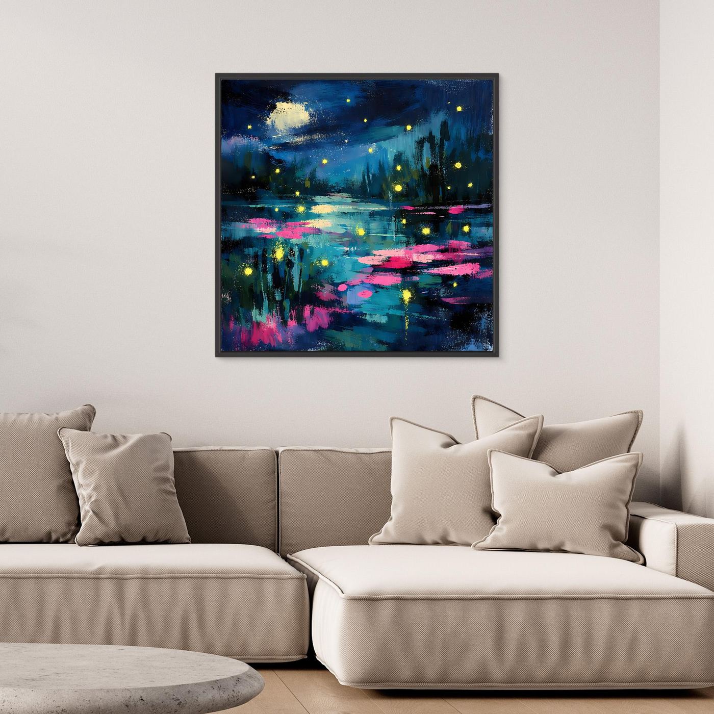 Framed abstract moonlit lake wall art with glowing points and magenta reflections