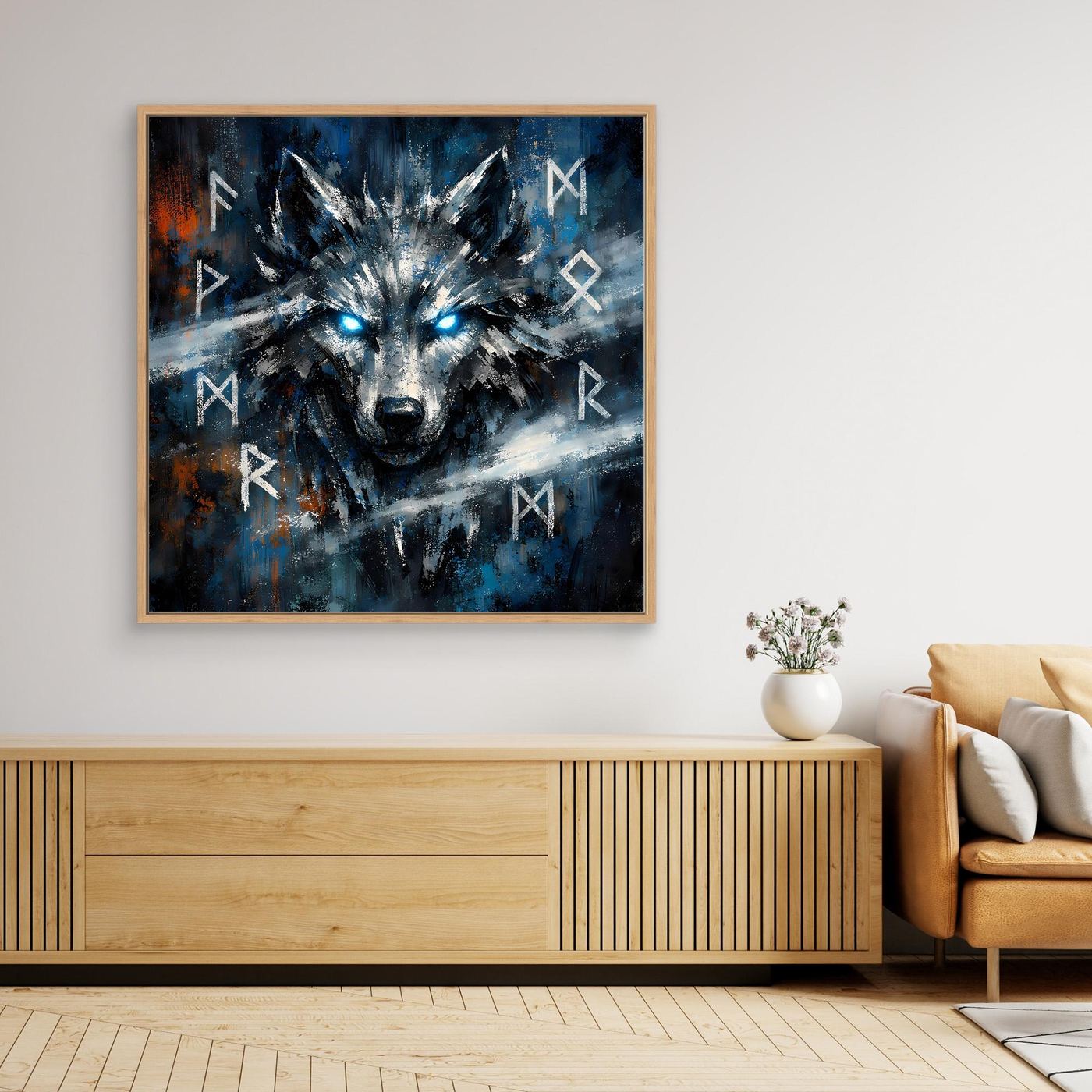 Wandbild mit nordischem Wolf in Blau-Schwarz, leuchtende Augen und Runen, Eichenrahmen