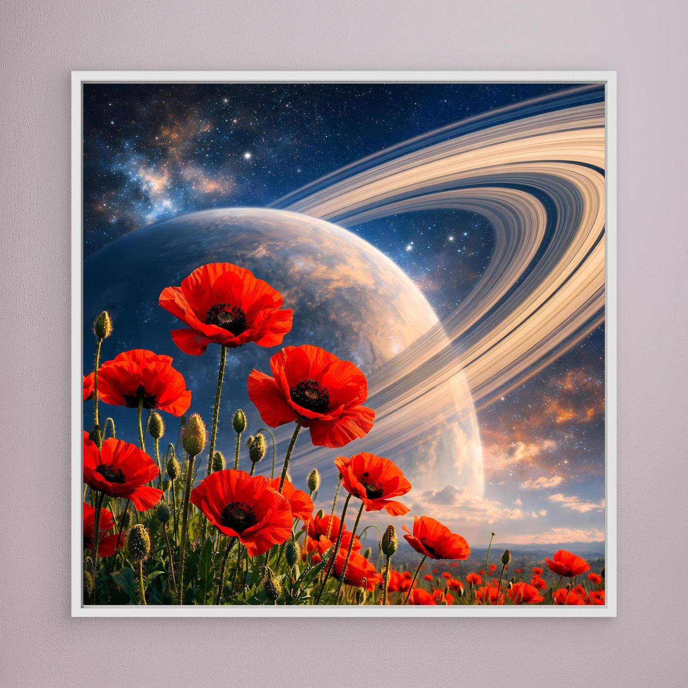 Leinwandbild mit roten Mohnblumen, Planet und Spiralnebel im Weltraum, weißer Rahmen