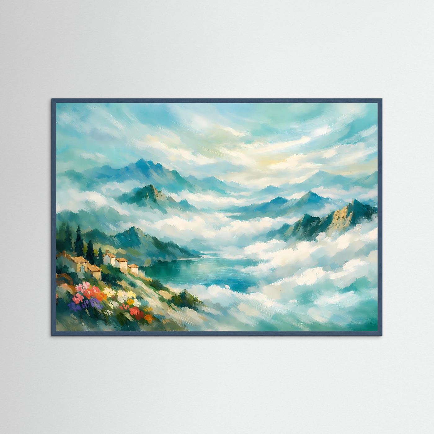 Wandbild Berglandschaft im Nebel, impressionistisch, mit dunkelblauem Rahmen