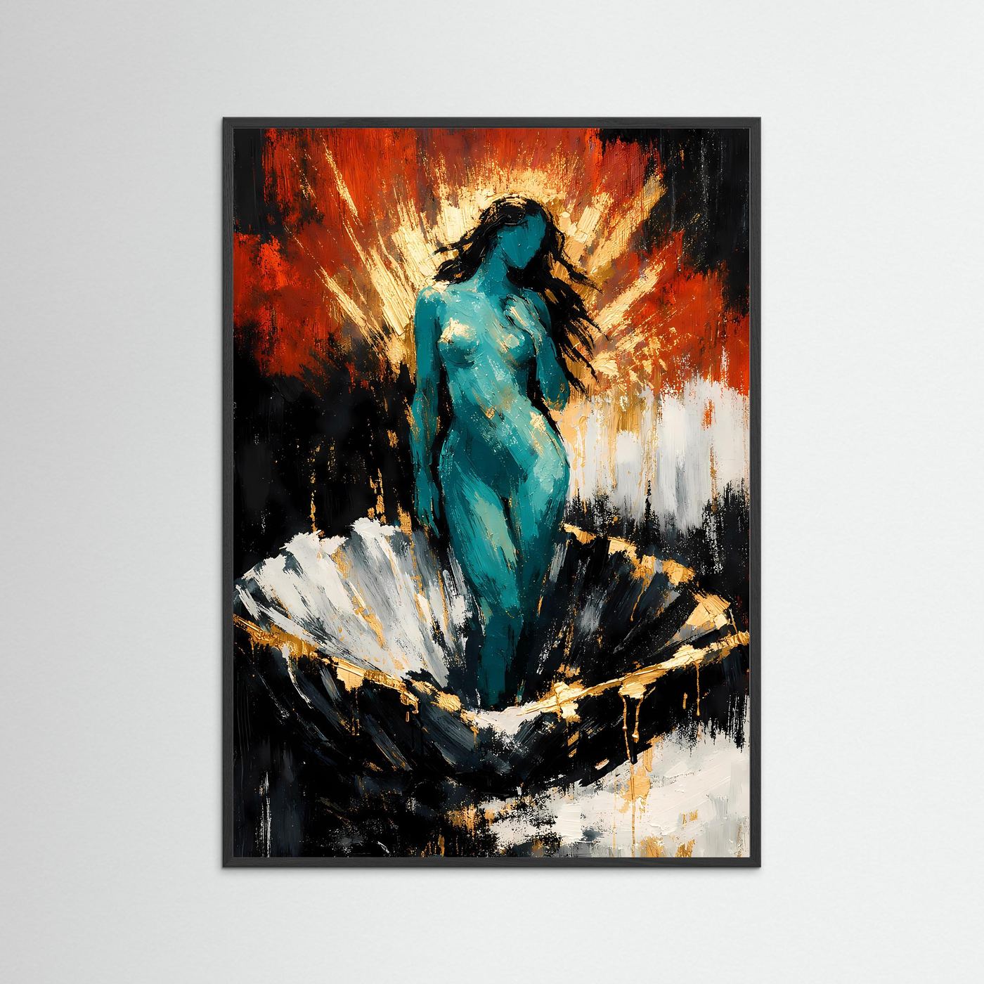 Kunstposter mit abstraktem Frauenportrait, türkisfarbene Figur, schwarzer Rahmen