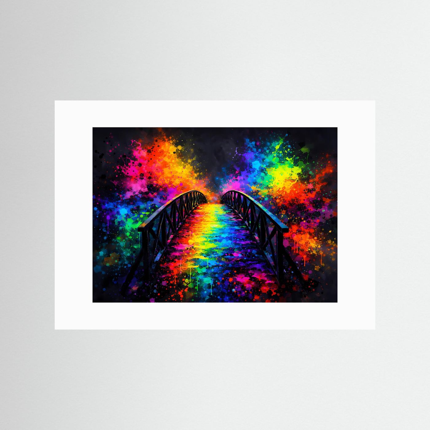 Wandbild ohne Rahmen mit weißem Rand, Pop-Art-Brücke und Regenbogen-Lichtweg