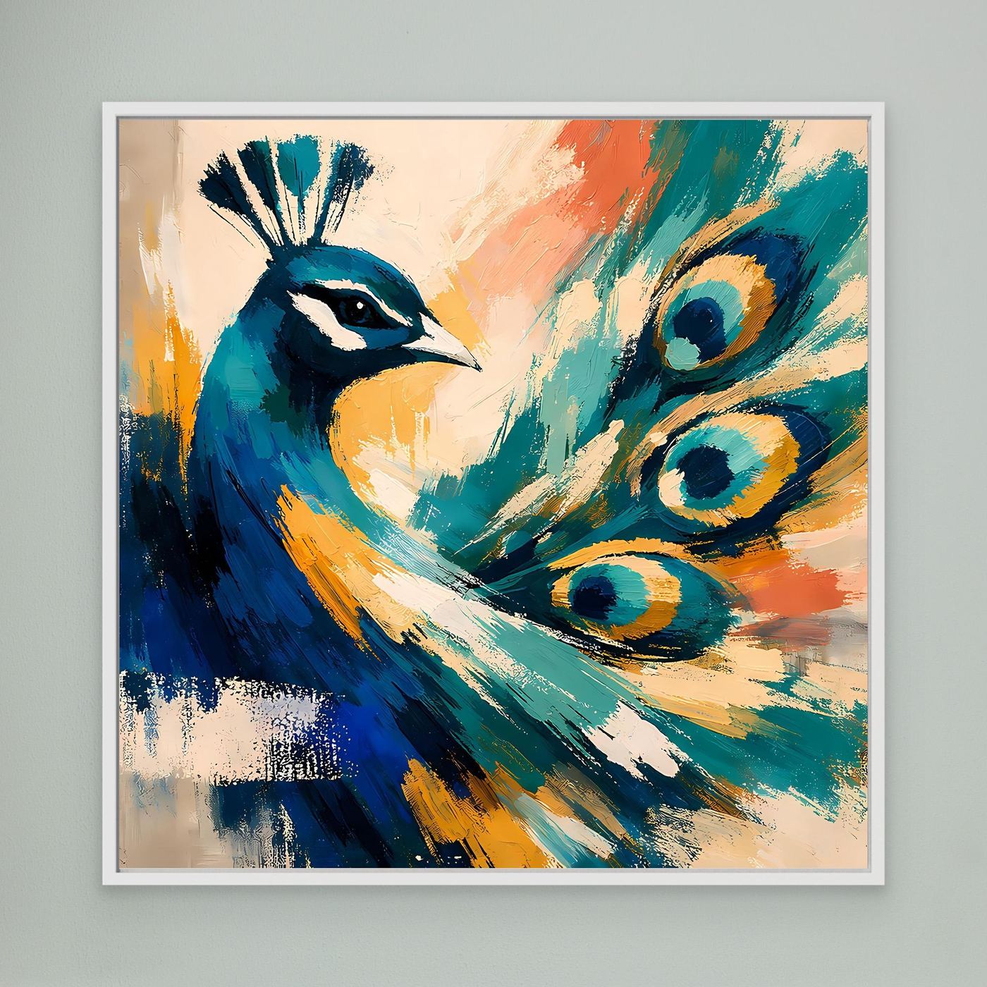 Peacock canvas wall art with abstract blue teal feathers and golden accents, white frame