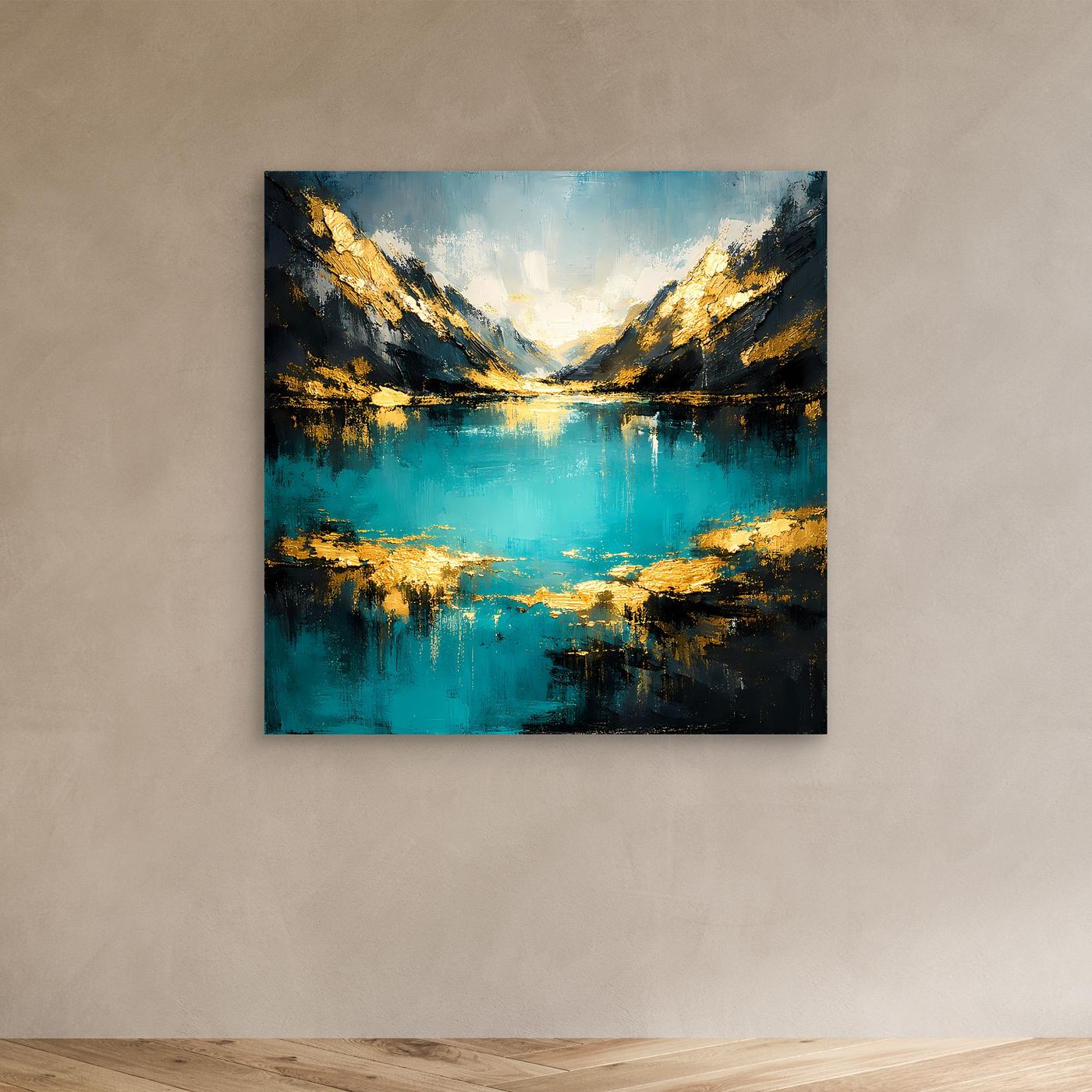 Leinwand-Wandbild mit abstrakten Bergen und Bergsee in Türkis und Gold, ohne Rahmen