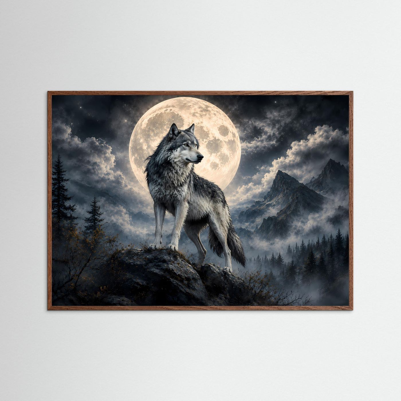Wolf vor Vollmond Poster | Mystische Berglandschaft bei Nacht | Majestätischer Wolf Wandbild | Mondlicht Naturkunst | Premium Leinwand & Wall Art