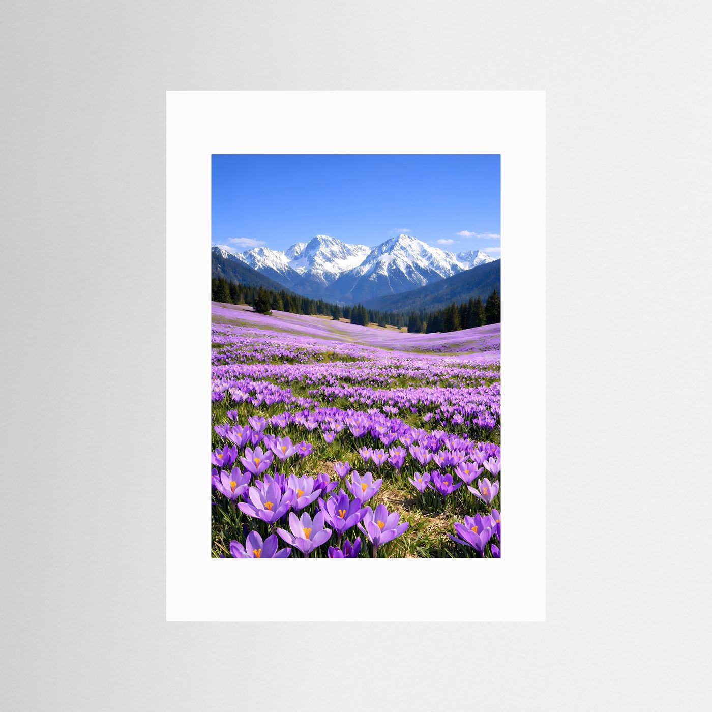 Krokus-Landschaftsposter im Hochformat mit weißem Passepartout, lila Blumen, Berge