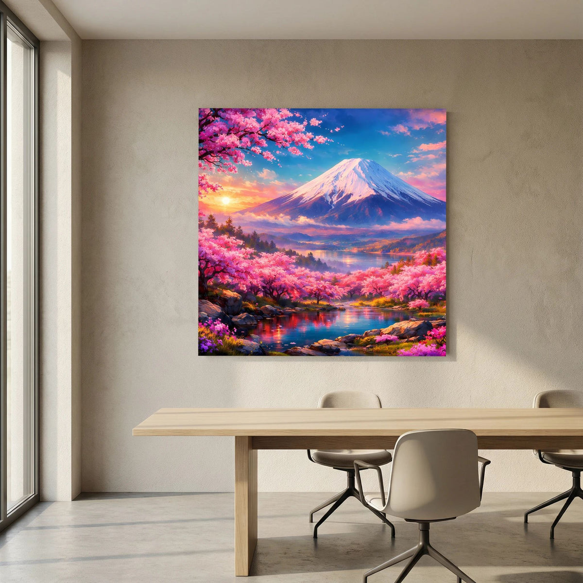 Quadratisches Leinwandbild auf Holzkeilrahmen mit Fuji und Kirschblüten am Ufer im Abendlicht