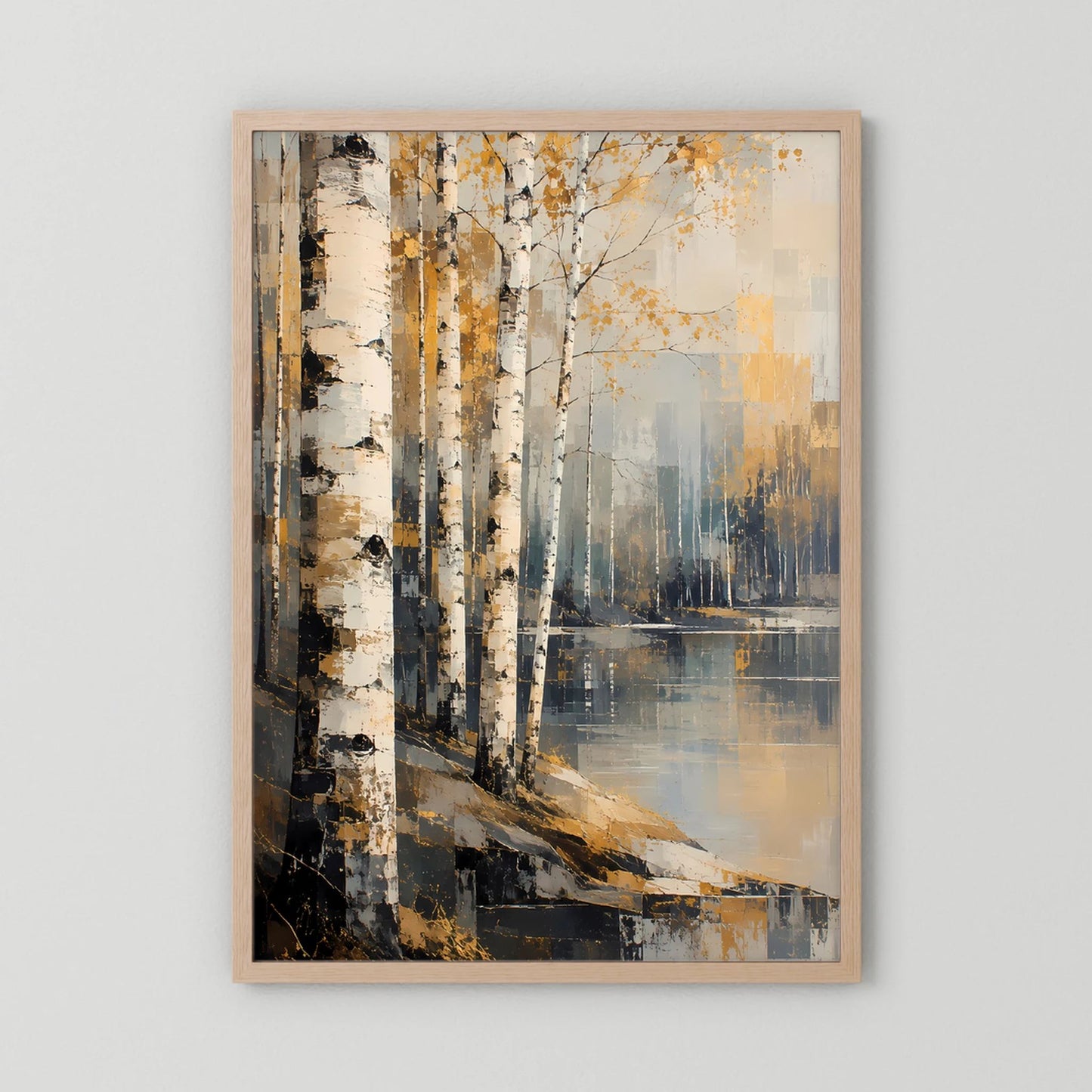 Poster im Hochformat: abstrakter Birkenwald am Wasser in Gold/Beige, naturfarbenes Holzrahmen