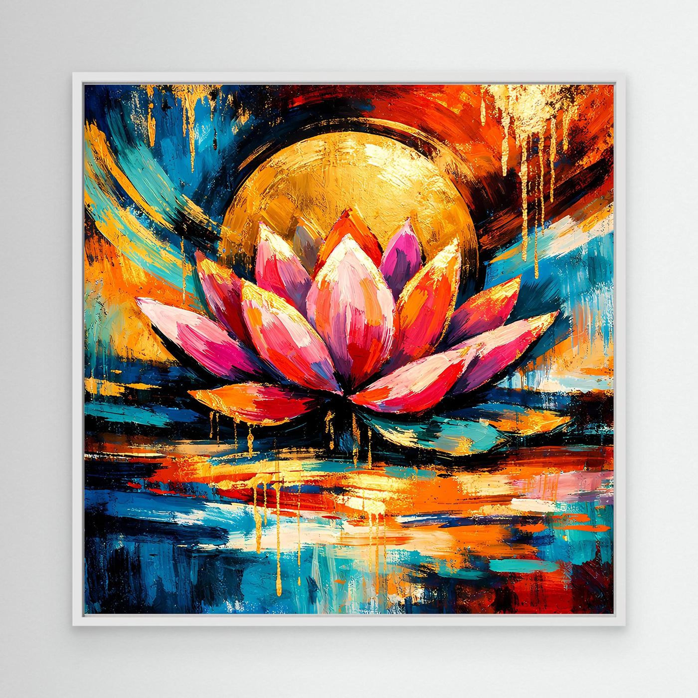 Leinwandbild mit abstrakter Lotusblüte, goldenem Halbmond und bunten Pinselstrichen