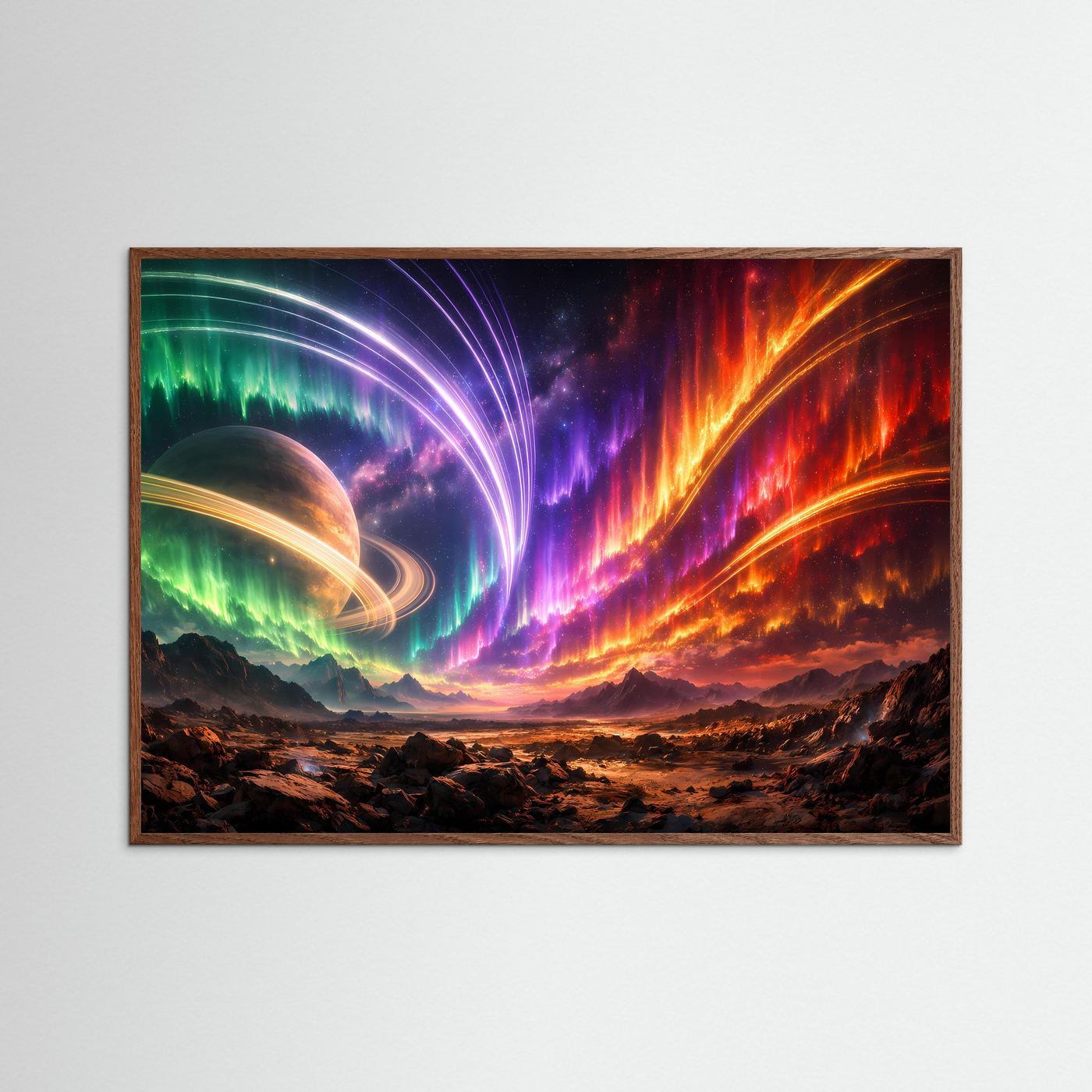 Querformat-Poster mit Polarlicht- und Ringplanet-Motiv, heller Holzrahmen