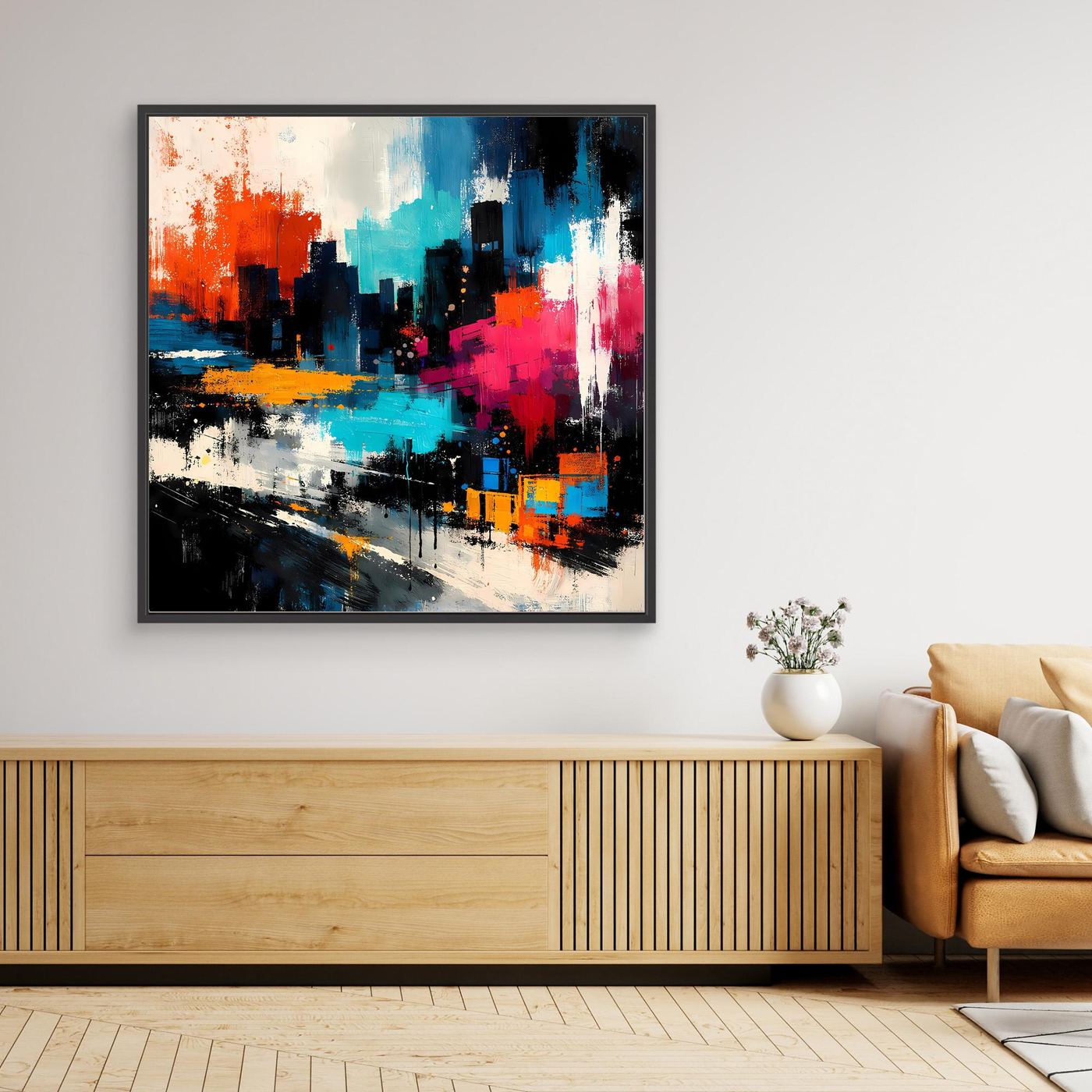 Framed abstract skyline canvas with bright teal, pink, and dark silhouette blocks