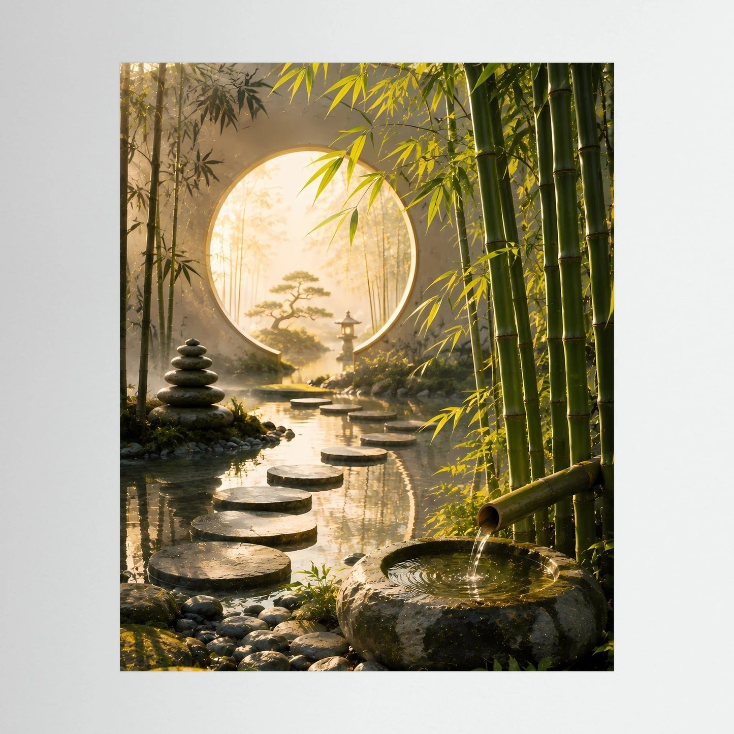 Zen-Garten-Poster im Hochformat mit rundem Mondtor, Bambus und Trittsteinen