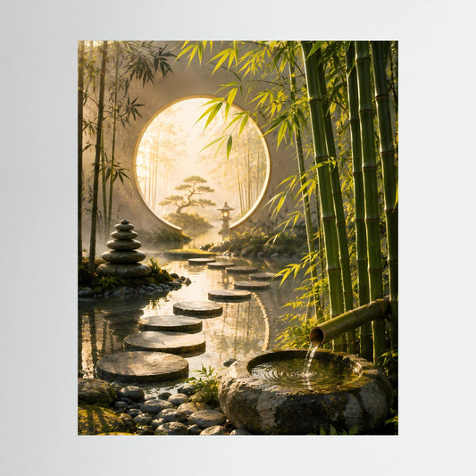 Zen-Garten-Poster im Hochformat mit rundem Mondtor, Bambus und Trittsteinen