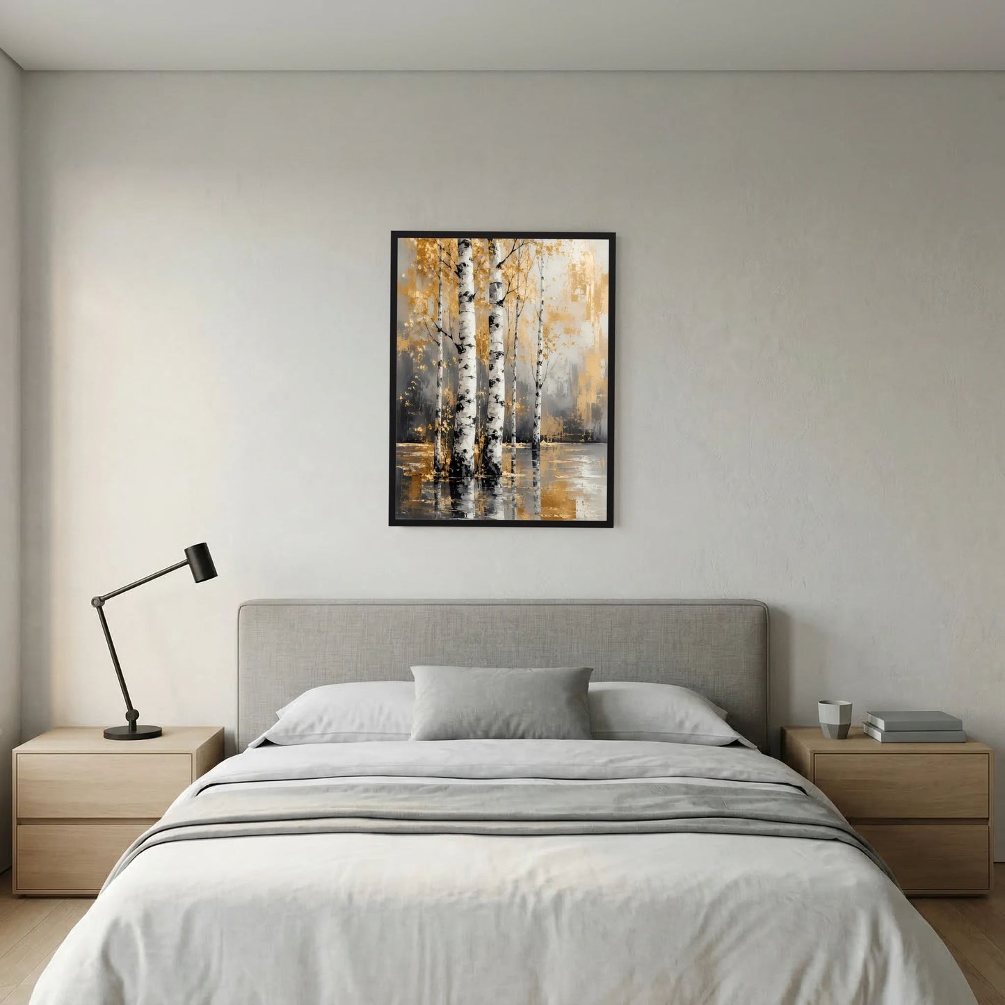 Poster im Hochformat mit Birken, Weiß und Gold, schwarze Umrandung